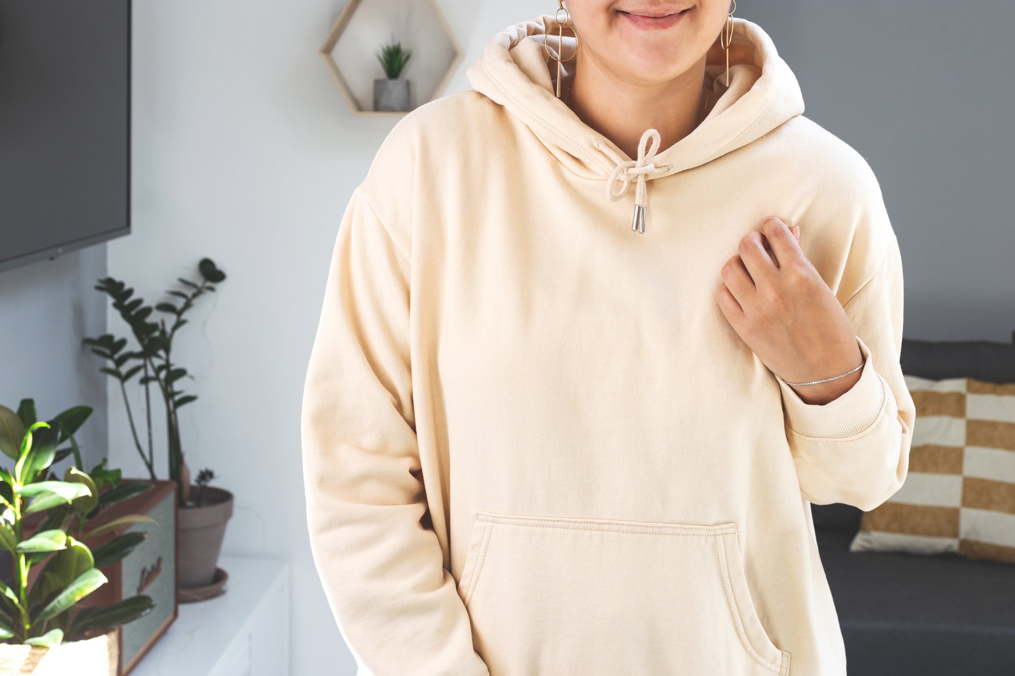 Person Wearing Beige Sweatshirt Hoodie Mock up